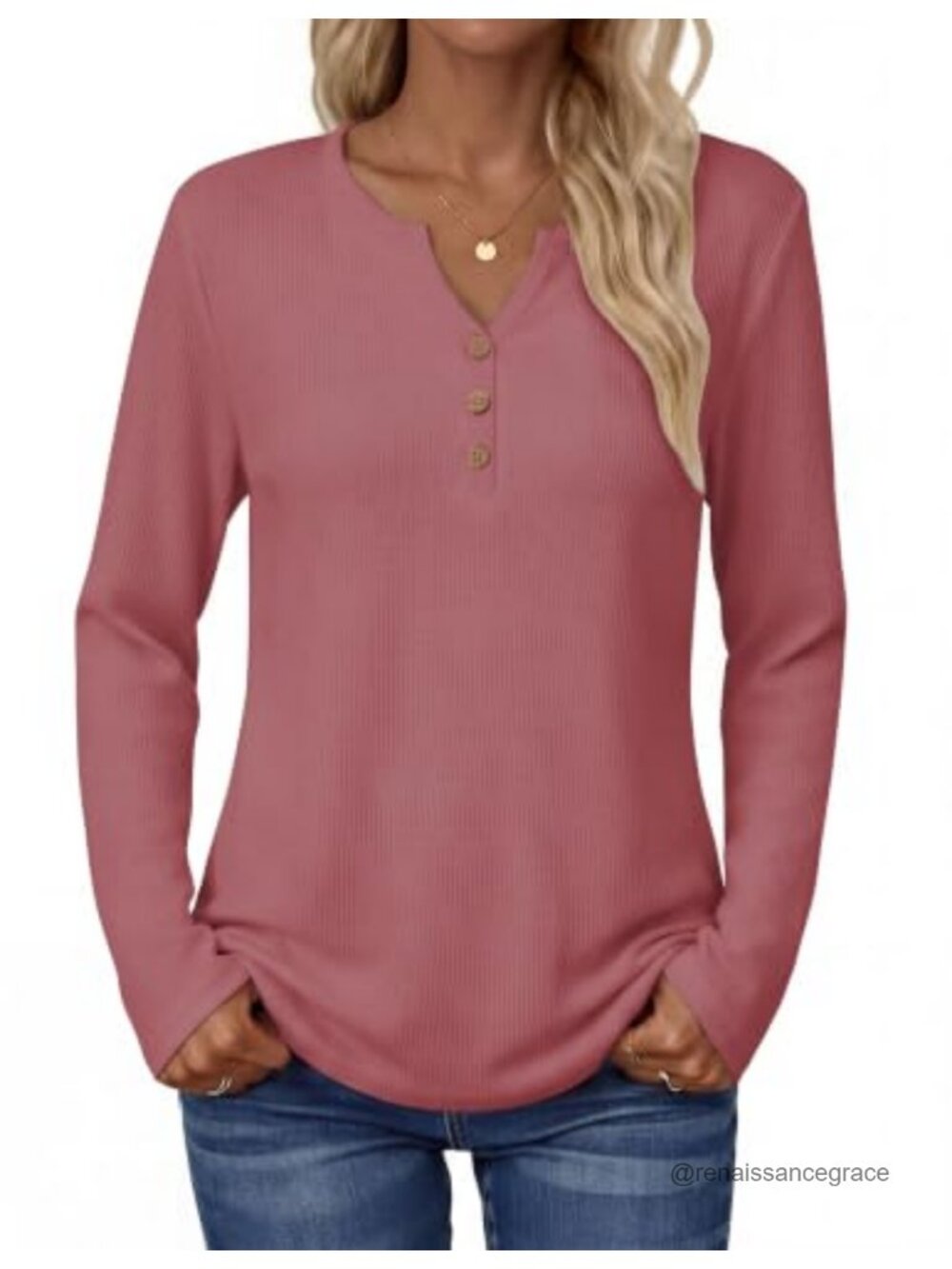 Waffle Knit Long Sleeve V Neck Henley Tunic Top Loose Casual Fall